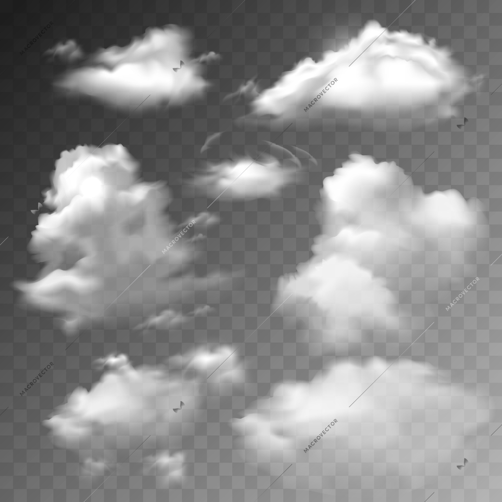 Transparent clouds spring sunny weather cloudscape realistic set vector illustration