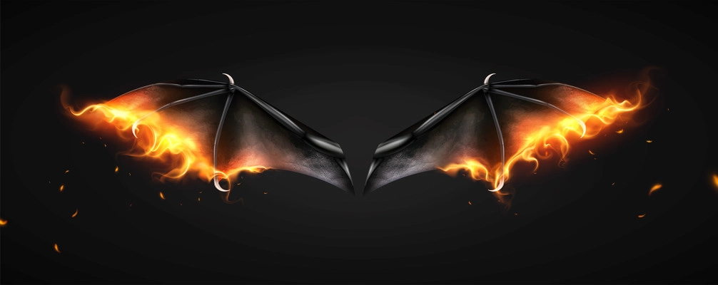 Bat daemon dragon wings fire realistic composition with burning wings and flying particles on black background vector illustration