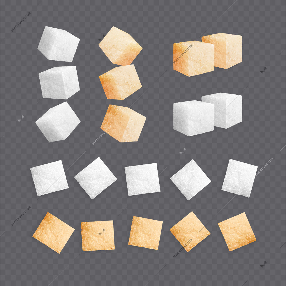 Sugar cubes realistic set of isolated icons with cube shaped lump sugar pieces on transparent background vector illustration