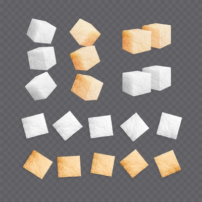 Sugar cubes realistic set of isolated icons with cube shaped lump sugar pieces on transparent background vector illustration