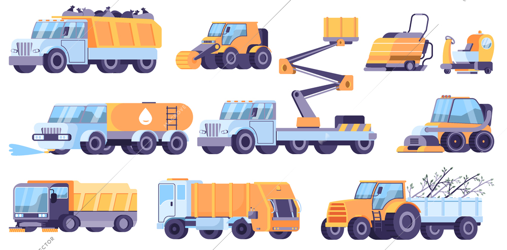 City clean equipment flat set of garbage truck washing machine snowblower street sweeper isolated vector illustration