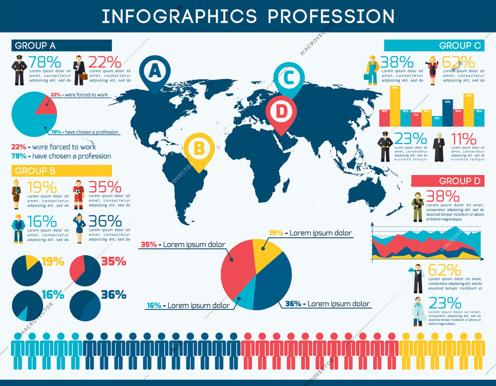 Professions infographic set with avatars charts and world map vector illustration