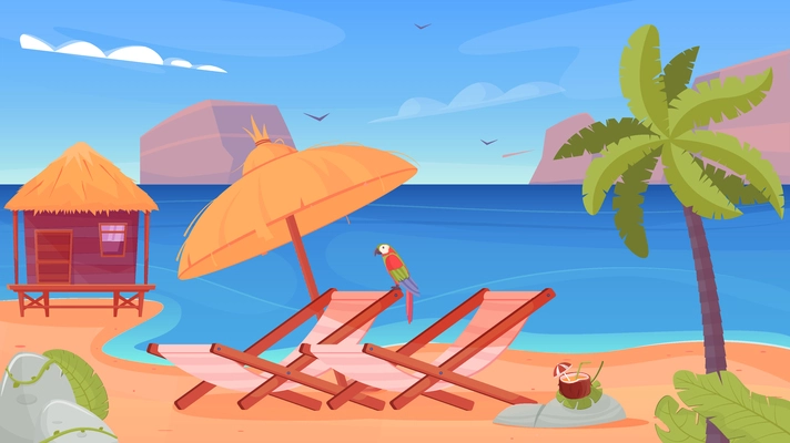 Tropical island flat vector illustration with bungalow palm tree and chaise lounge under umbrella on sea coast