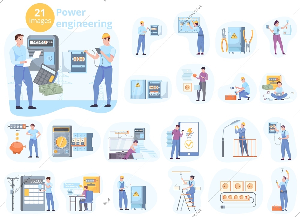 Power engineering flat set of electricians repairing and testing equipment and working with outdoor lighting isolated vector illustration