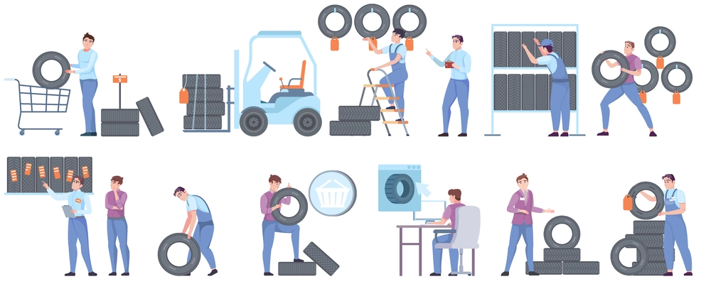 Tire shop flat icons set of visitors buying new wheels and staff serving customers isolated vector illustration