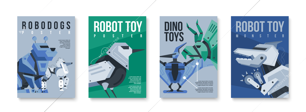 Set of four isolated vertical robot toy animal posters with editable text and modular droid images vector illustration