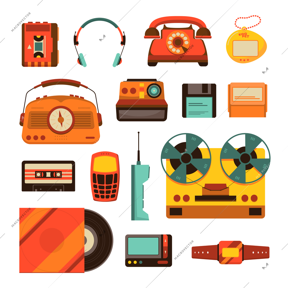 Retro things technology set of isolated icons with radio telephone diskette headphones and cassette with vinyl vector illustration