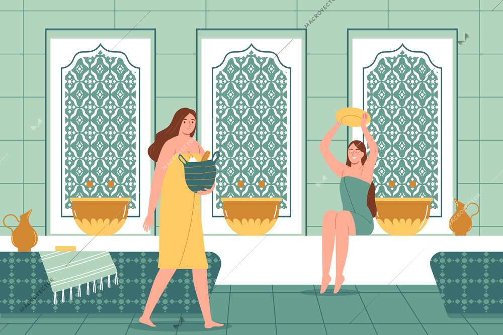 Two happy women wrapped in towels relaxing in sauna or spa flat vector illustration