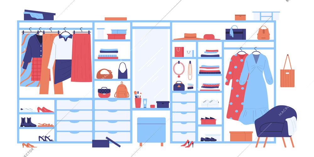 Modern wardrobe interior with stylish female clothing shoes accessories and dressing table with mirror flat vector illustration
