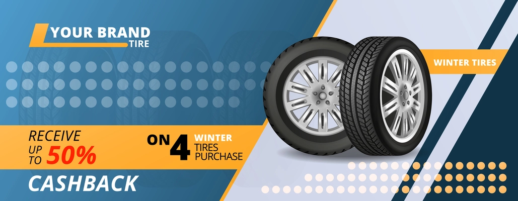 Winter tires sale realistic horizontal banner offering cashback up to 50 percent vector illustration