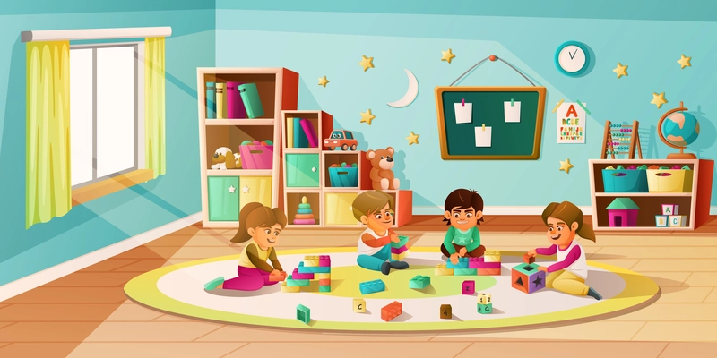 Kindergarten cartoon background with children play together with cubes and developmental constructor vector illustration