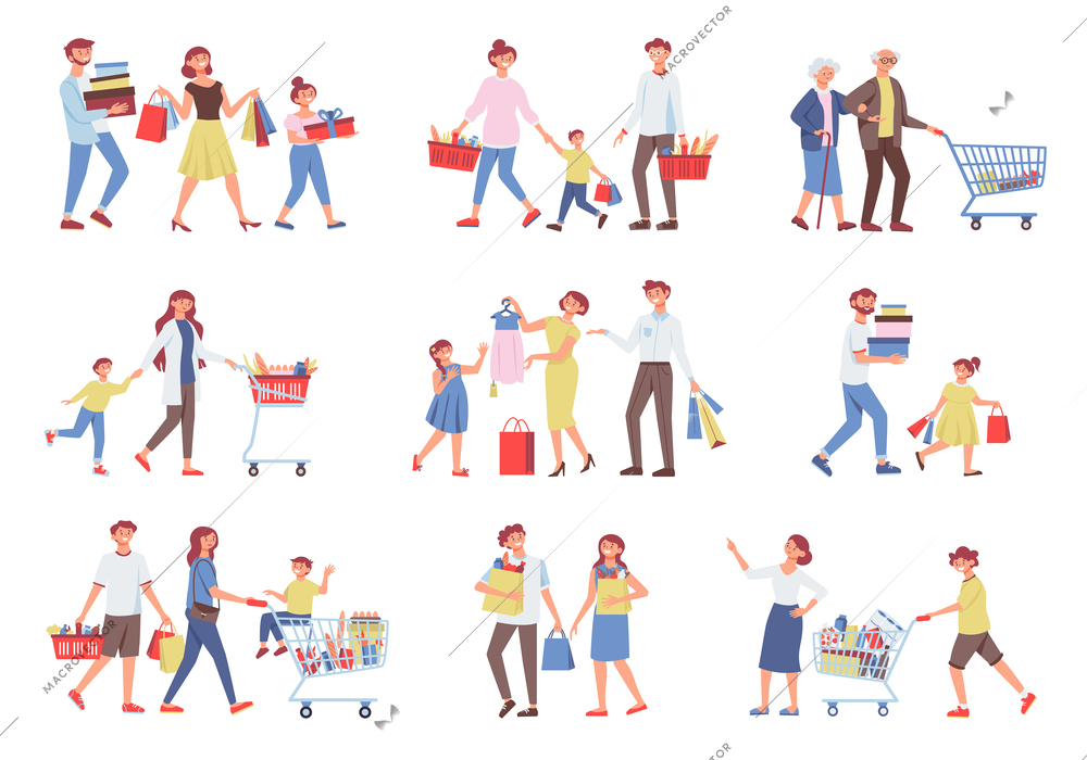 Shopping family icon set with parents with young children couples in love and the elderly buy food and clothing vector illustration