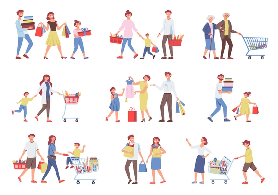 Shopping family icon set with parents with young children couples in love and the elderly buy food and clothing vector illustration