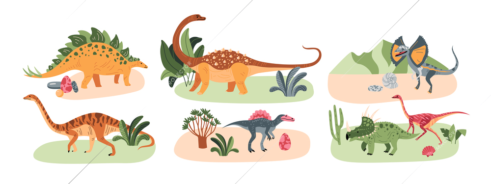 Dinosaurs design concept with six isolated compositions of wild reptiles eggs on exotic terrain with plants vector illustration