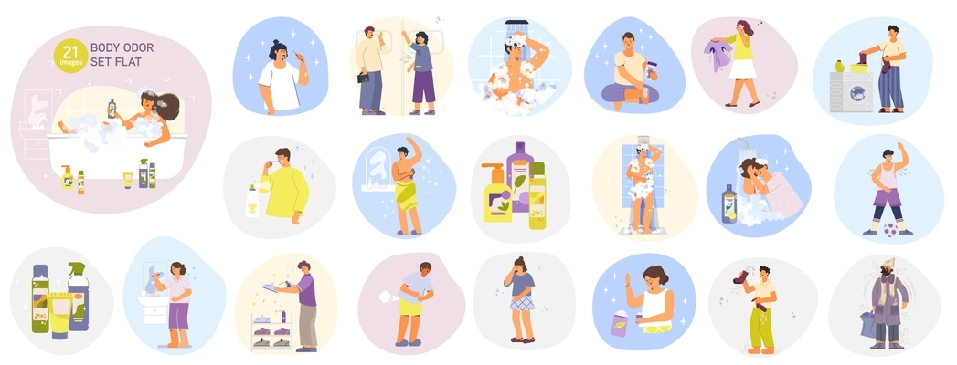 Set with isolated body odor round compositions with flat human characters taking bath with deodorant icons vector illustration