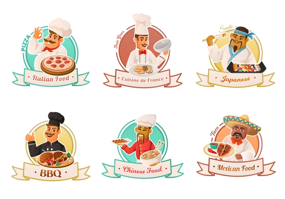 Chef emblem cartoon set of italian japanese mexican chinese food bbq and cuisine of france vector illustration