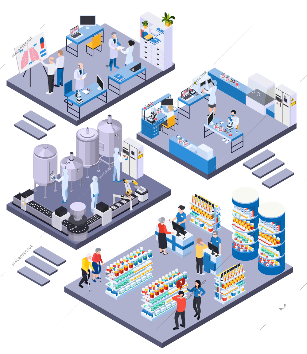 Isometric composition with interior of pharmacy scientific manufacturing laboratory with modern equipment characters of scientists customers pharmacists isolated vector illustration