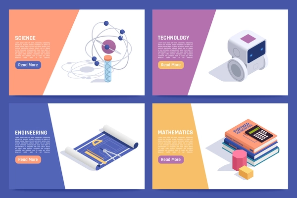 STEM education 4 website homepages isometric banners set with science technology engineering mathematics subjects description vector illustration