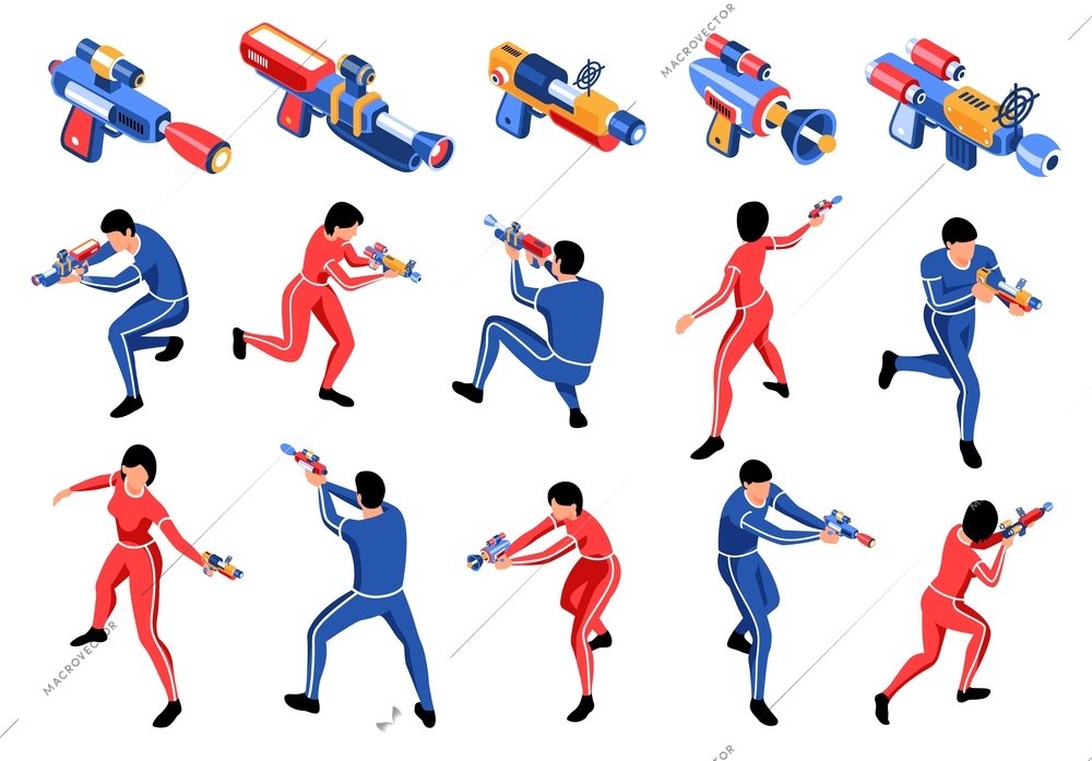 Isometric blaster game nerf set of isolated laser gun icons and characters of players in uniform vector illustration