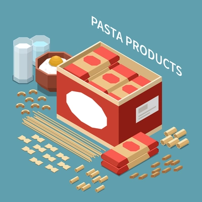 Macaroni pasta production colored isometric concept with pasta product headline and different types of pasta packages and ingredients vector illustration