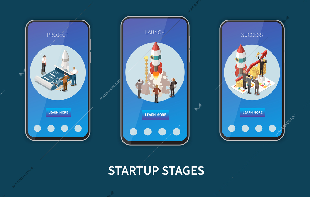 Startup project isometric concept with project launch and success descriptions and read more buttons vector illustration