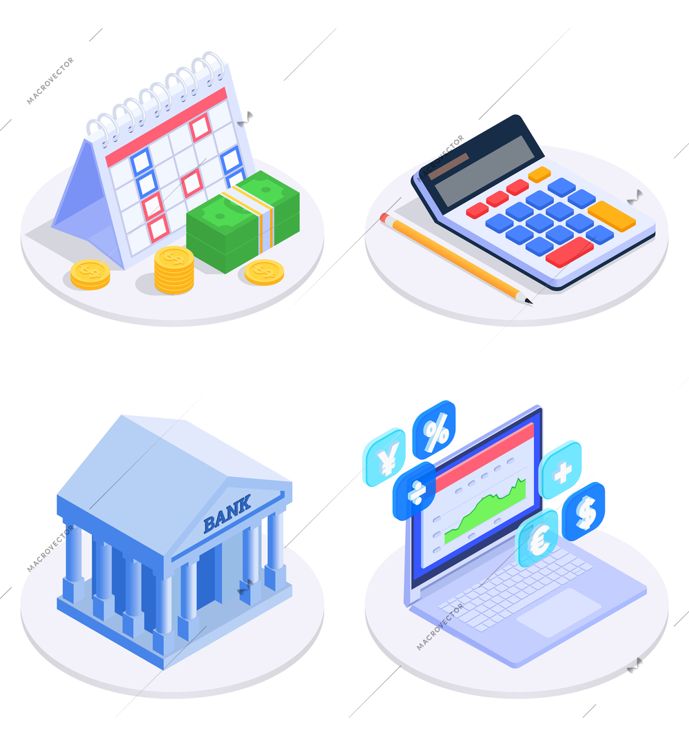 Accounting financial audit design set with banking symbols isometric isolated vector illustration