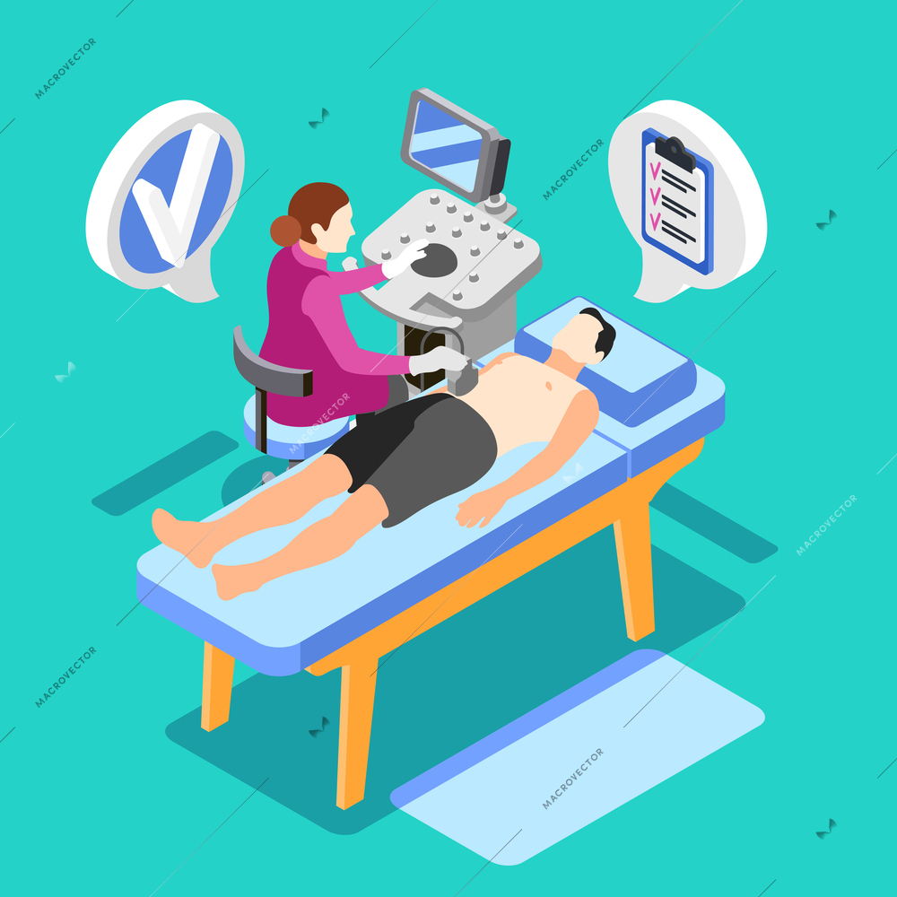 Health checkup composition with man during ultrasound investigation of abdominal organs on color background isometric vector illustration