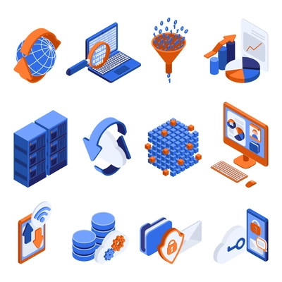 Big data analysis processing isometric icons set with network cloud and graphic analysis symbols isolated vector illustration