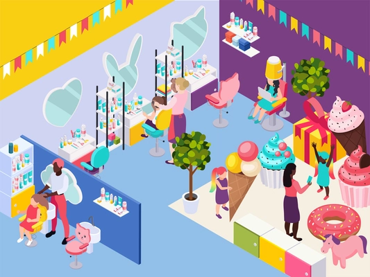 Children hairdresser beauty salon isometric composition with indoor scenery people and haircutters workplaces with play space vector illustration