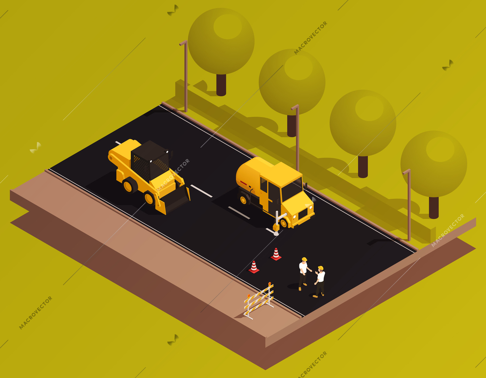 Road construction isometric composition with view of newly built roadway section with machinery cones and people vector illustration