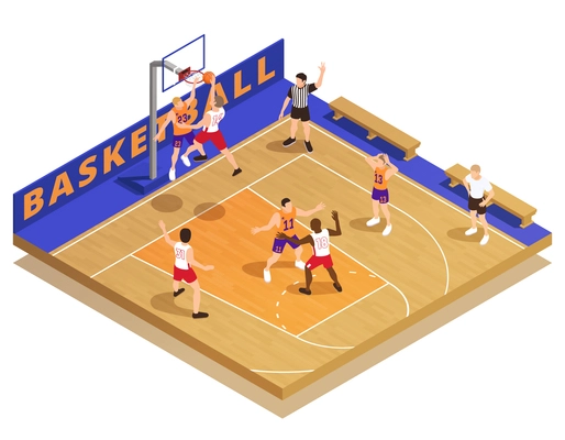 Basketball isometric composition with moment of game with human characters of playing team members and referee vector illustration