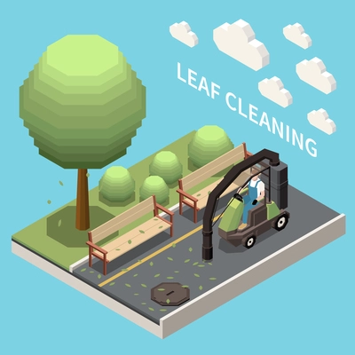 Powerful vacuum city cleaning machinery keeps streets roads leaf free sucking up leaves isometric composition vector illustration