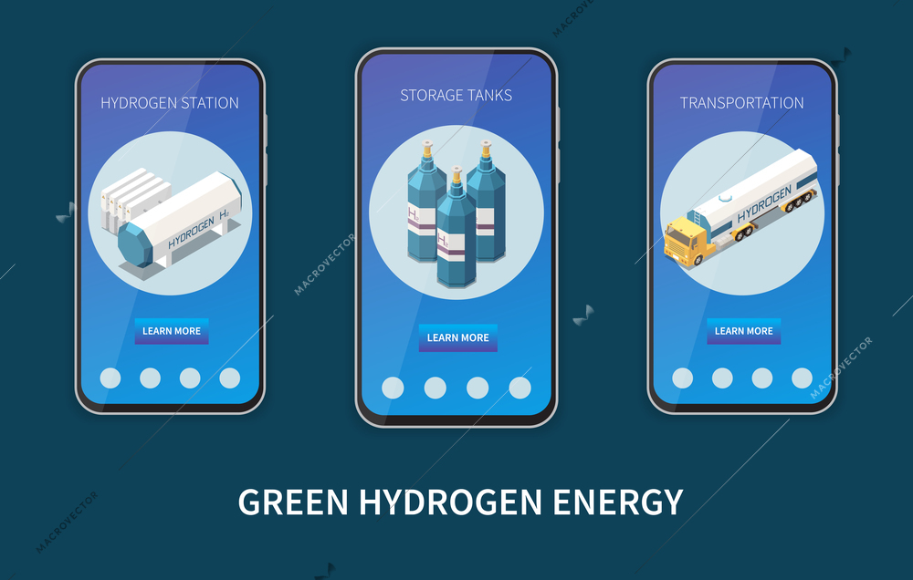 Hydrogen carbon free green energy operating stations tanks transportation  3 smartphone screens apps set isometric vector illustration