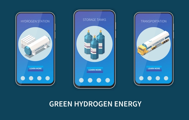 Hydrogen carbon free green energy operating stations tanks transportation  3 smartphone screens apps set isometric vector illustration