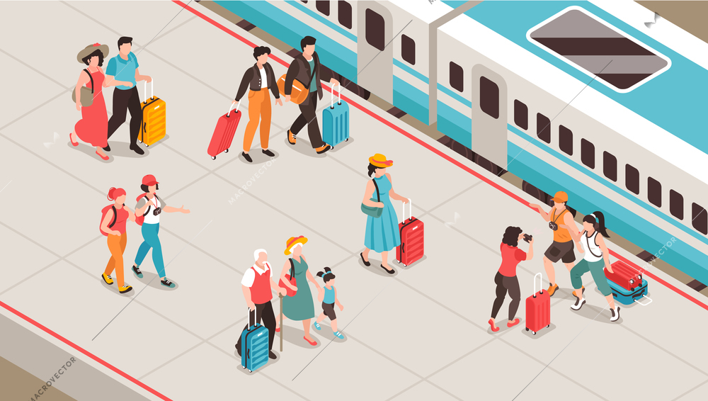 Isometric travel people composition with view of train station platform with walking passengers and train carriage vector illustration