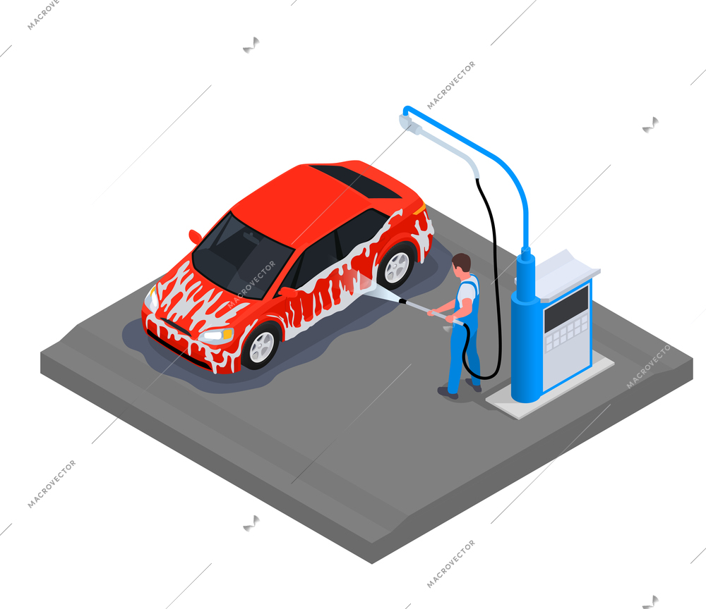 Car wash isometric composition with employee washes the foam off the car vector illustration