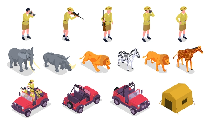 Safari isometric icon set tourist on the hunt with camera binoculars in hand various wild animals, three safari vehicles and tent vector illustration