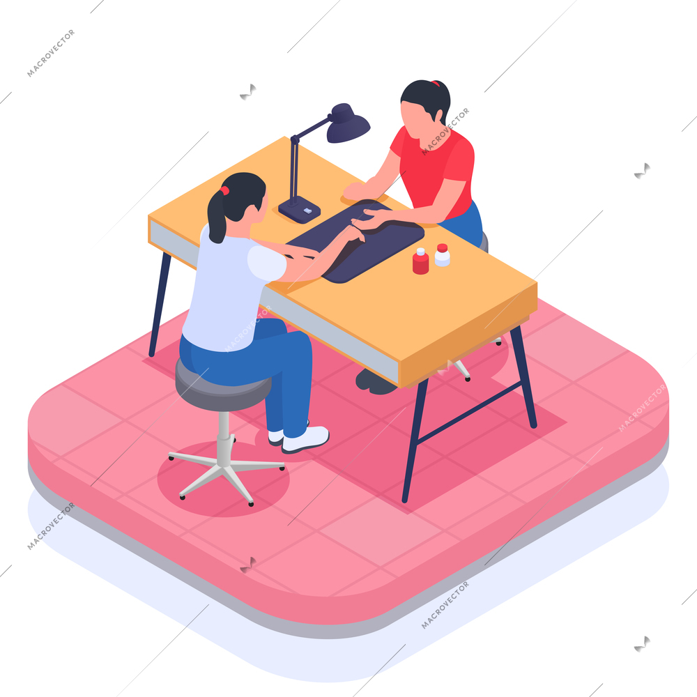 Isometric colored small business owner family business composition nail salon with nail master and client vector illustration