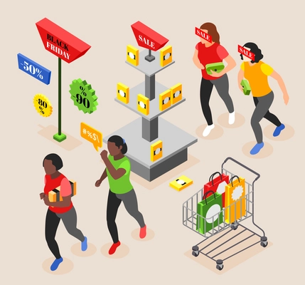 Buyers in black friday isometric background with crowd of people running to store on sale vector illustration