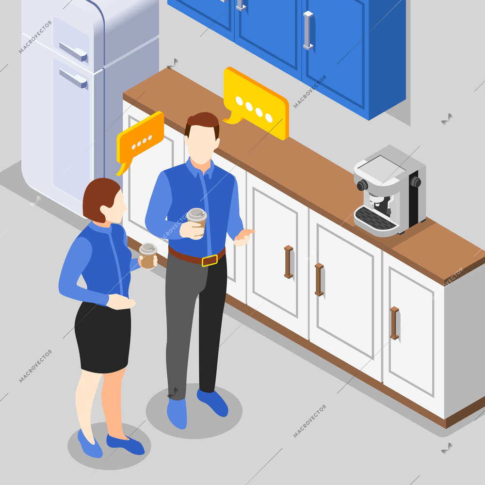 Coffee break isometric background with male and female employees with cups talking in office near coffee machine vector illustration