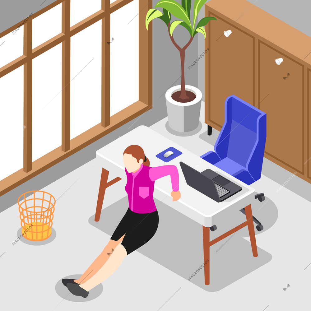 Work pause isometric background with female person stretching body near her work place leaning on table vector illustration