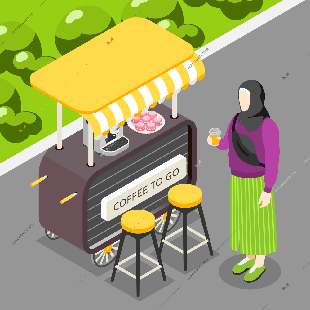 Coffee to go isometric background with woman wearing hijab buying coffee at street kiosk vector illustration