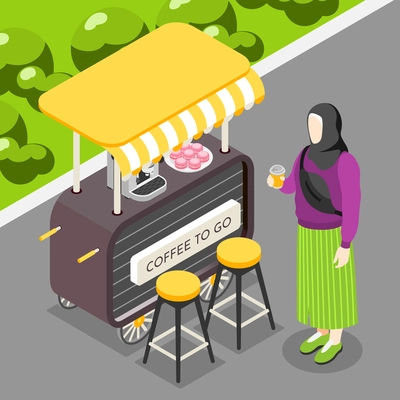 Coffee to go isometric background with woman wearing hijab buying coffee at street kiosk vector illustration