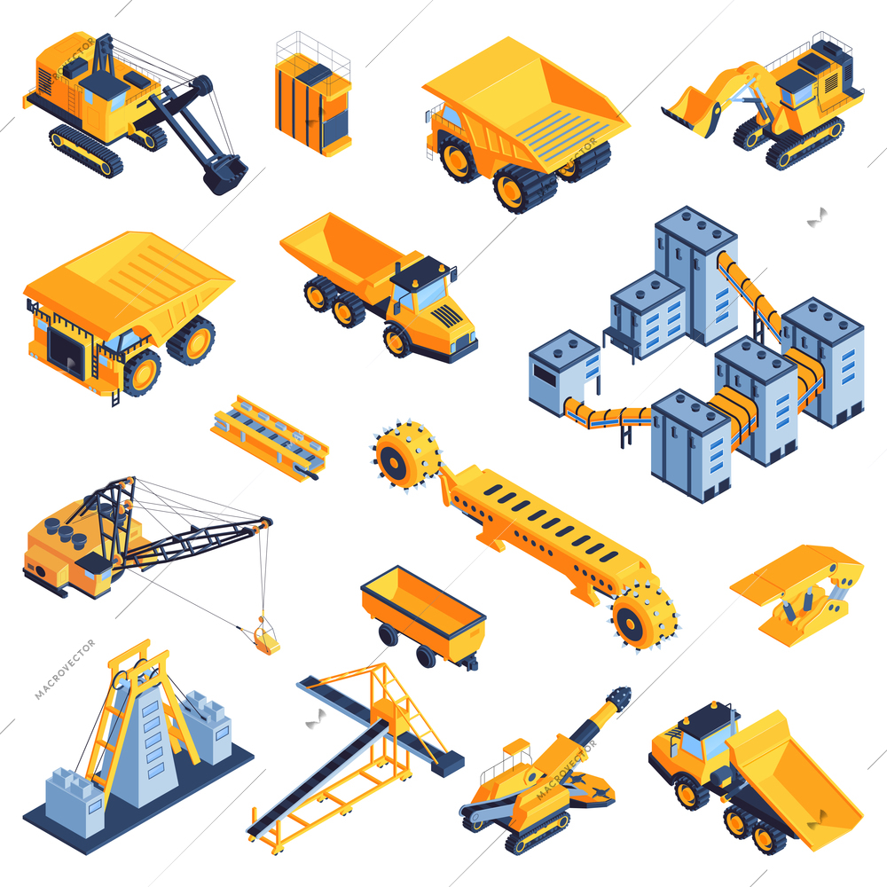 Mine industry ore crushing minerals extraction equipment dragline excavator processing facility transportation machinery isometric set vector illustration