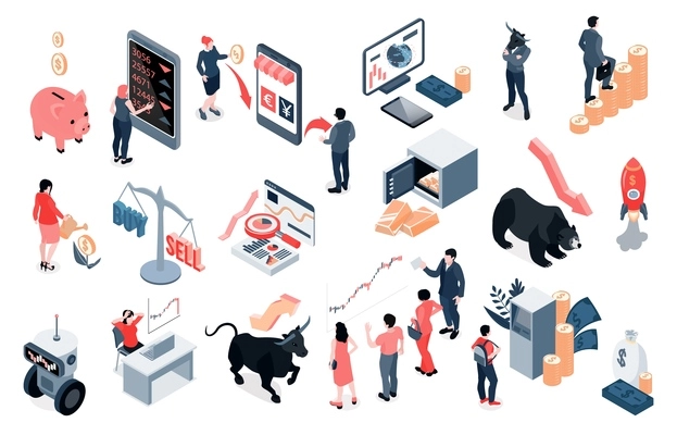 Financial investment isometric set with stock exchange bull bear symbols data analysis buying selling decisions vector illustration