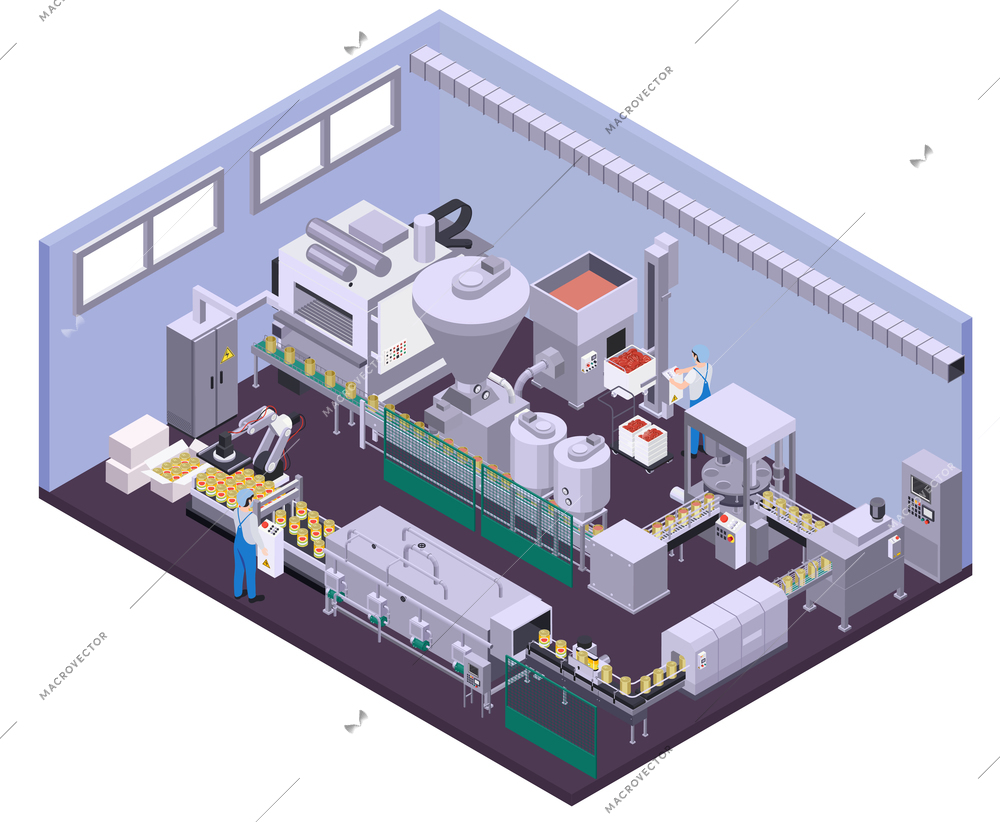 Canned food production isometric composition with view of factory department with moving line mixers and operators vector illustration