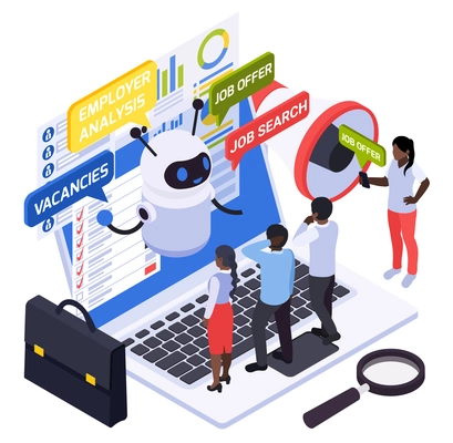 Hr recruitment hiring isometric composition with characters of job candidates with laptop robot and chat bubbles vector illustration