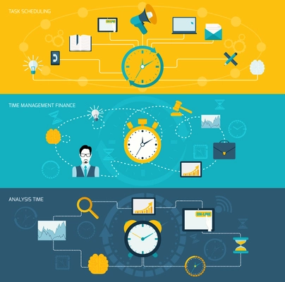 Time management flat banner set with task scheduling finance analysis set isolated vector illustration.