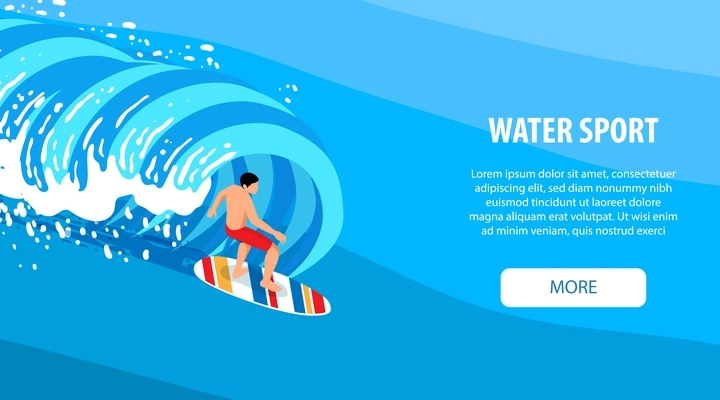 Watersport isometric horizontal banner with surfing sport symbols vector illustration