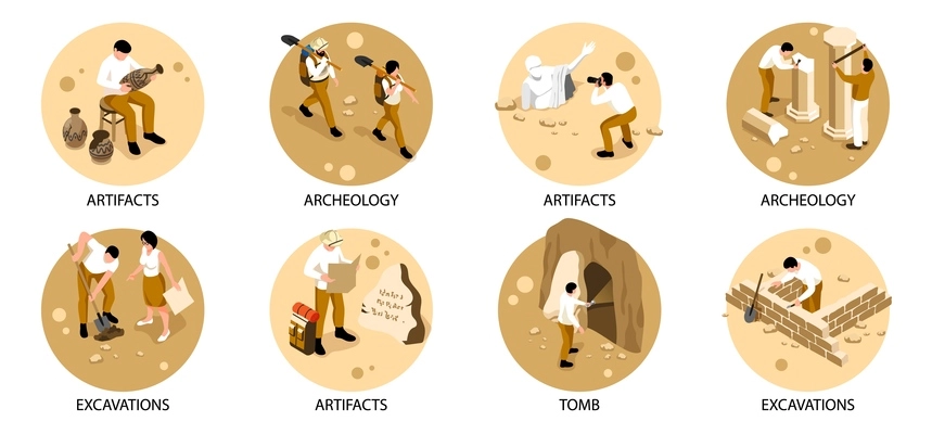 Archaeology isometric set with artifacts and tomb symbols isolated vector illustration